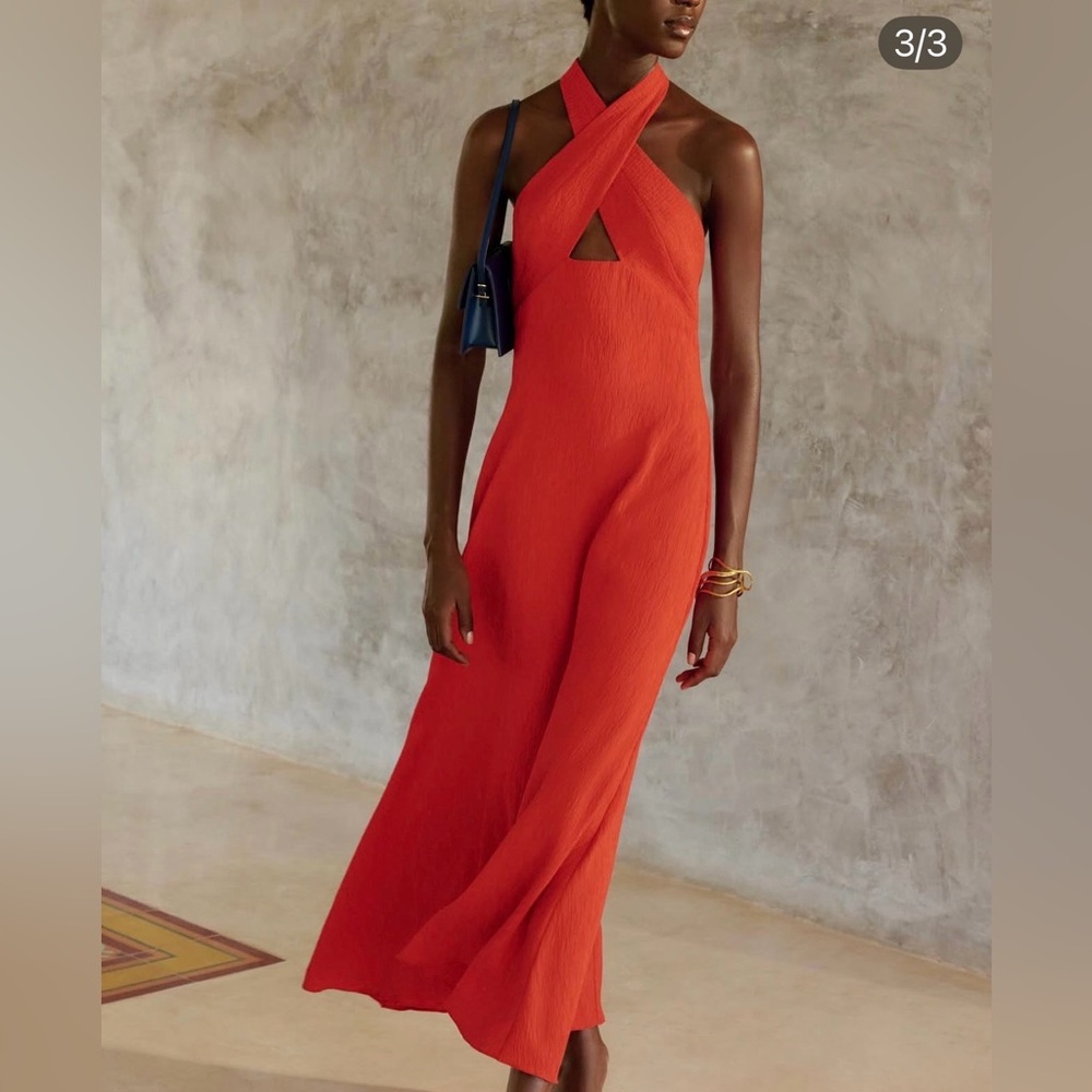 $1250 NWT Johanna Ortiz Runway 100% Silk Red Heart Cutout Halter Maxi Dress - Picture 4 of 16